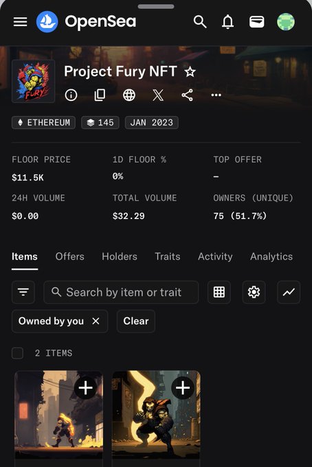A screenshot of the OpenSea collection page for "Project Fury NFT" on Ethereum, showing a floor price of $11.5K, 2 items owned by the user, and 75 unique owners (51.7%). The image illustrates the user's惊喜 discovery that the NFTs they minted three years ago have a substantial floor price, with the post celebrating the unrealized value of their two holdings.