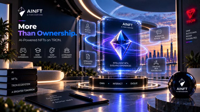 A futuristic promotional banner for 'AiNFT' on the TRON blockchain, featuring a glowing diamond graphic and highlighting features like 'AI-Powered NFTs', 'Affects AI in Real Time', and 'Generates Content'.