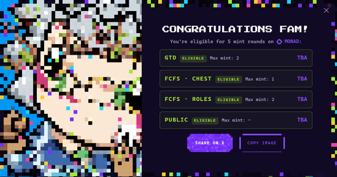 A 'CONGRATULATIONS FAM!' NFT mint eligibility screen showing a pixelated character portrait on the left and lists for 'GTD', 'FCFS · CHEST', 'FCFS · ROLES', and 'PUBLIC' mints on the right, with 'SHARE ON X' and 'COPY IMAGE' buttons.