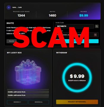The image shows a dashboard from "NeoSoulAI" displaying a balance of $9.99 with 1,344 received lucky boxes and 1,460 invites, overlaid with a large red "SCAM" warning. It relates to the post by highlighting the user's frustration of accumulating 1,460 referrals yet being unable to withdraw the minimal $9.99 earnings, reinforcing the scam allegation.