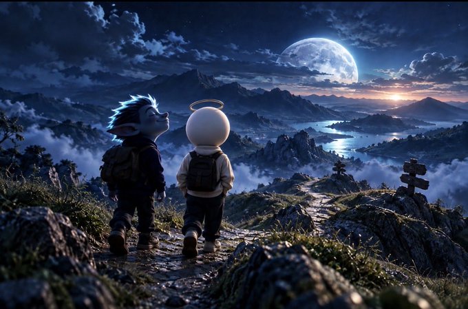 An AI-generated artwork showing two small characters, one with a spiky head and halo, walking along a mountain path overlooking a moonlit landscape.