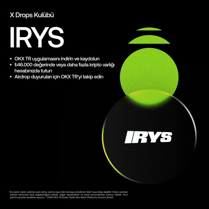 The image features a black background with white text that reads "Irys" followed by an advertisement for a product called "OKX TR X Drops Club". The text also mentions that the product is related to cryptocurrency, specifically the OKX TR X Drops Club. The text encourages users to participate in the campaign and claim their share from the reward pool of 2,000,000 IRYS coins held on the OKX TR app.