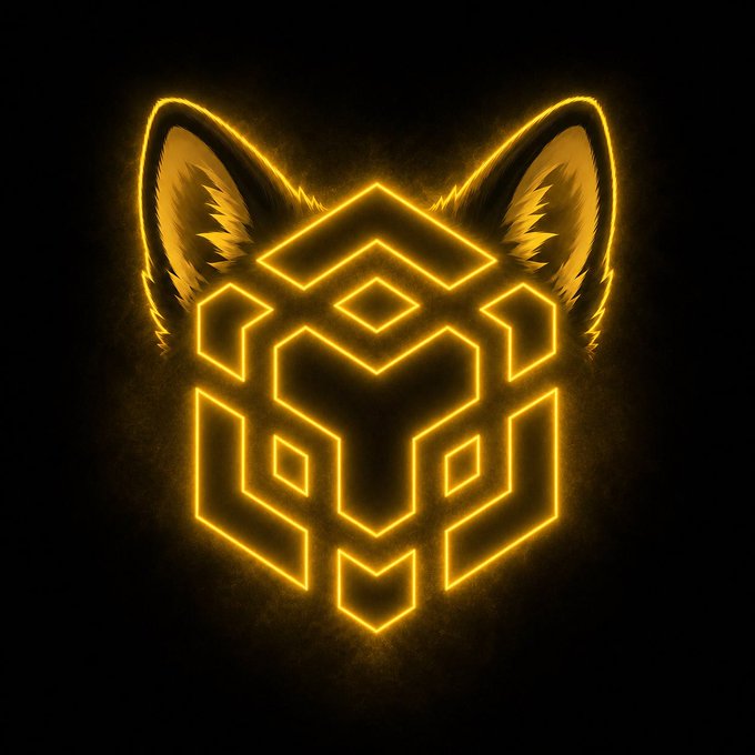 A glowing golden geometric wolf head logo with pointed ears and angular linework, paired with a post announcing BNB Chain–related token distribution details, including allocations to CZ, Giggle Academy, and airdrop reserves.