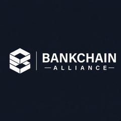 Logo for "BANKCHAIN ALLIANCE" in white text with a geometric cube icon on a dark navy background.