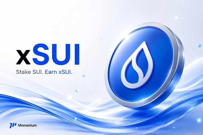 The image promotes xSUI by Momentum, featuring a blue water droplet coin and the tagline "Stake SUI. Earn xSUI."—visually reinforcing the post's message that xSUI lets holders earn staking yield without locking up their SUI.