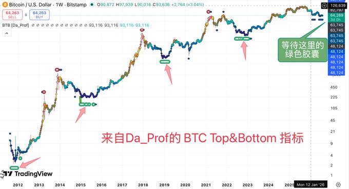 A weekly Bitcoin/U.S. Dollar chart from Bitstamp shows the BTB [Da_Prof] indicator highlighting "green capsule" buy signals at major market bottoms, with the current price at $93,636 and a text annotation in Chinese directing viewers to "wait for the green capsule here" near the 2021 peak, illustrating the indicator's use as a macro timing tool for surviving bear markets.