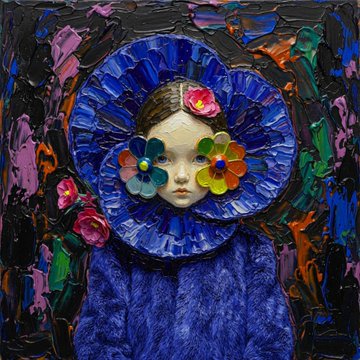 A surreal painting of a young girl with flowers covering her eyes, wearing a large blue circular ruff collar against a colorful, textured background.