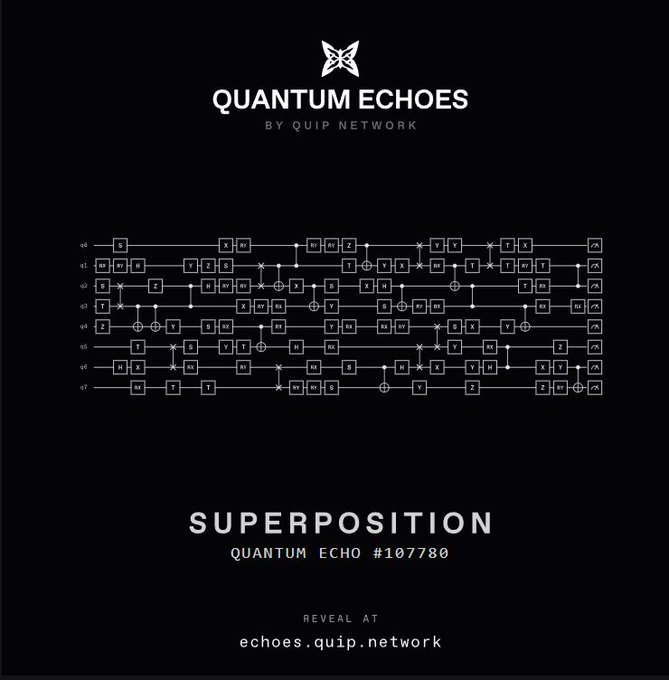 A black promotional poster for 'QUANTUM ECHOES BY QUIP NETWORK' titled 'SUPERPOSITION - QUANTUM ECHO #107780' featuring a complex quantum circuit diagram with qubits q0 through q7.