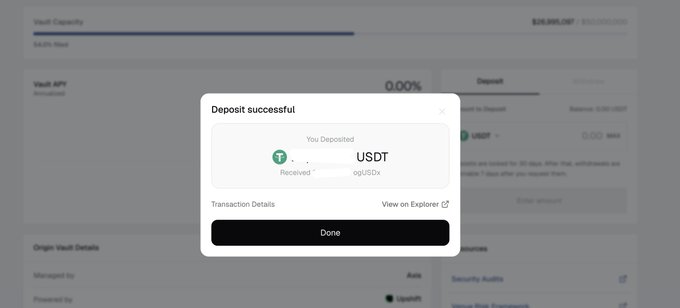 The image displays a "Deposit successful" confirmation dialog for USDT (Tether) on what appears to be a vault or deposit platform. The popup shows "You Deposited" and "Received" USDT, with options to view "Transaction Details" on an Explorer and a "Done" button, suggesting the user completed a USDT deposit successfully.

This aligns with the accompanying post about Axis deposit availability, where users are encouraged to pre-deposit in preparation for later registration to earn premium points.