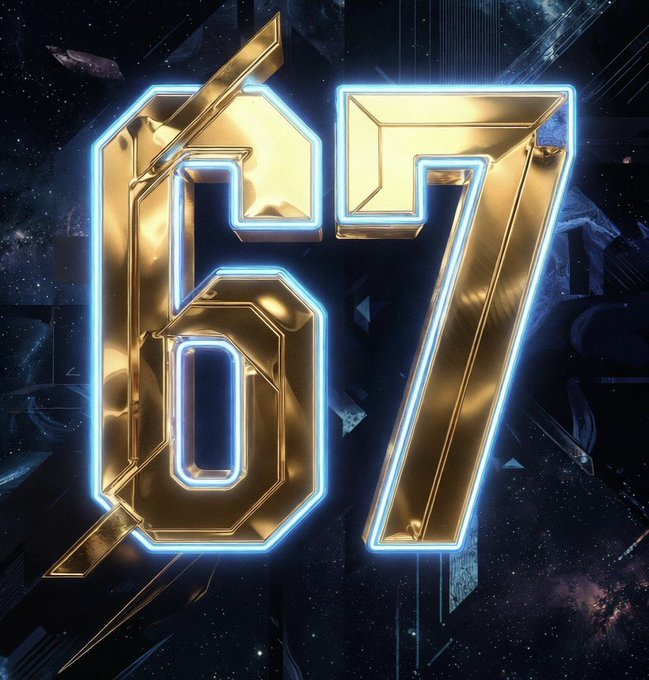 A stylized metallic gold and blue neon graphic of the number "67" set against a dark, cosmic background with shattered glass effects.