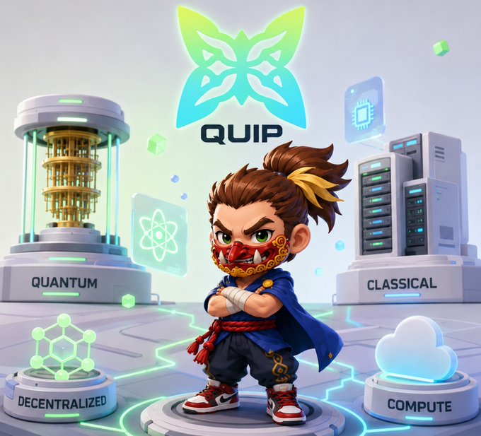 A cartoon character wearing a red demon mask and blue cape stands in a futuristic setting with the "QUIP" logo, flanked by pedestals labeled "QUANTUM," "CLASSICAL," "DECENTRALIZED," and "COMPUTE."