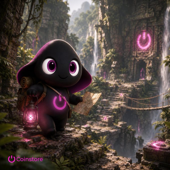 A small, adorable black hooded explorer creature with large pink eyes holds a glowing pink lantern and a treasure map, standing before ancient temple ruins in a lush jungle setting. The "Coinstore" logo appears in the bottom-left corner, tying the adventurous scene to the brand's message of guiding traders on their journey.