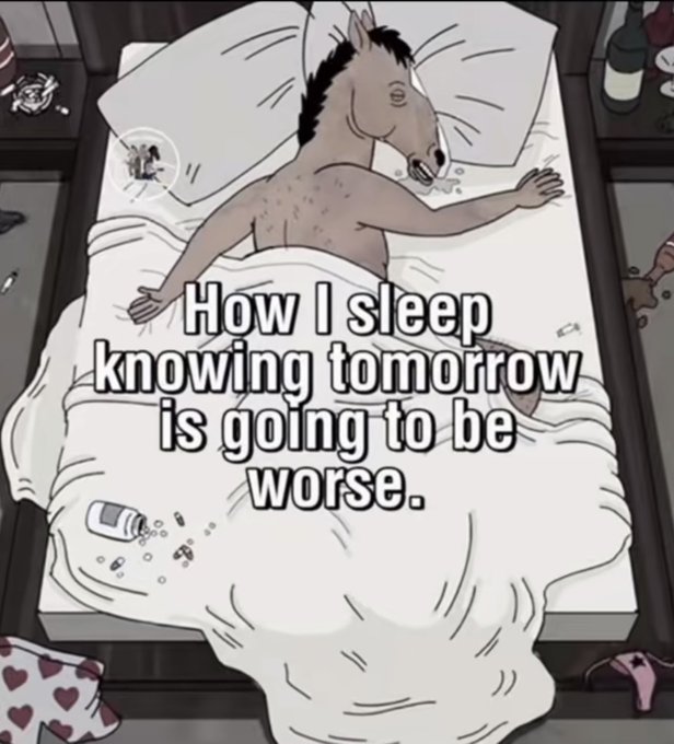 A black and white meme shows a cartoon horse sleeping spread-eagle on a messy bed with the caption 'How I sleep knowing tomorrow is going to be worse.'