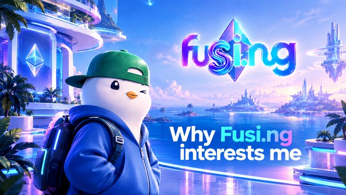 A penguin mascot wearing a green cap and blue jacket stands before a vibrant futuristic cityscape, with text reading 'fusing - Why Fusi.ng interests me'.