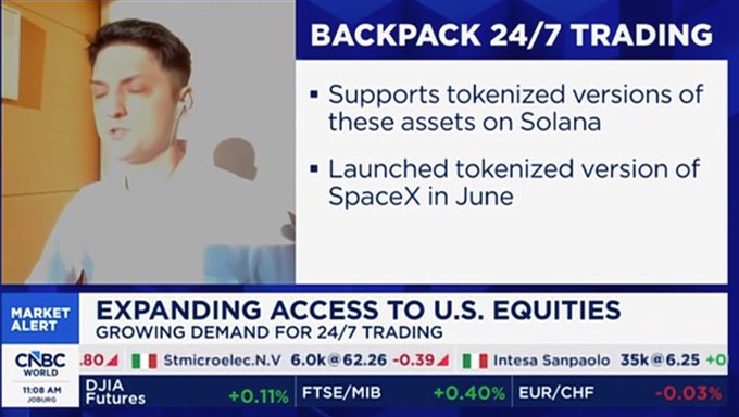 A CNBC 'Market Alert' news broadcast segment showing a person on a video call, with headlines about 'BACKPACK 24/7 TRADING' supporting tokenized assets on Solana, and ticker data for DJIA Futures, FTSE/MIB, and EUR/CHF.