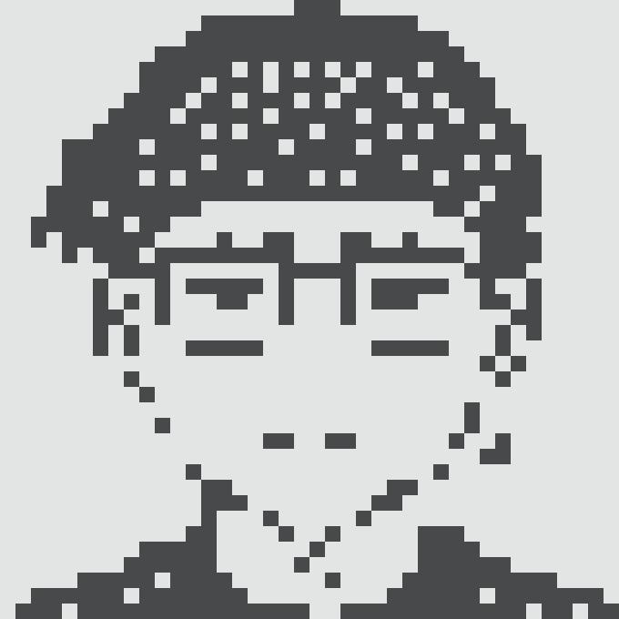A black-and-white pixel art portrait of a person wearing a beanie and sunglasses with a neutral expression.