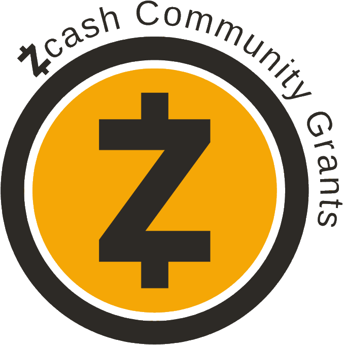 A circular logo with an orange center and black border featuring a black Zcash symbol, with the text 'Zcash Community Grants' curving around the top edge.