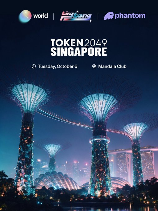 An event poster for 'TOKEN 2049 SINGAPORE' on Tuesday, October 6 at Mandala Club, featuring World, Bing Bong, and Phantom logos against an image of illuminated Supertree Grove at Gardens by the Bay.