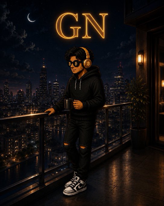 A digital illustration of a young man with black hair, sunglasses, a hoodie, headphones, and ripped jeans standing on a balcony holding a mug, with a glowing 'GN' (goodnight) neon sign and a nighttime city skyline in the background.