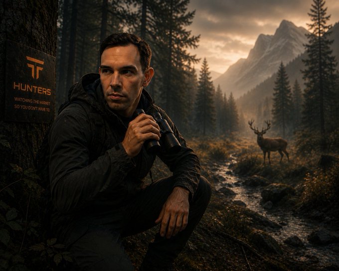 A hunter crouching in a forest setting with binoculars, looking to the side, with a deer and snow-capped mountain visible in the background; a logo overlay reads 'HUNTERS' with the tagline 'WATCHING THE MARKET SO YOU DON'T HAVE TO.'