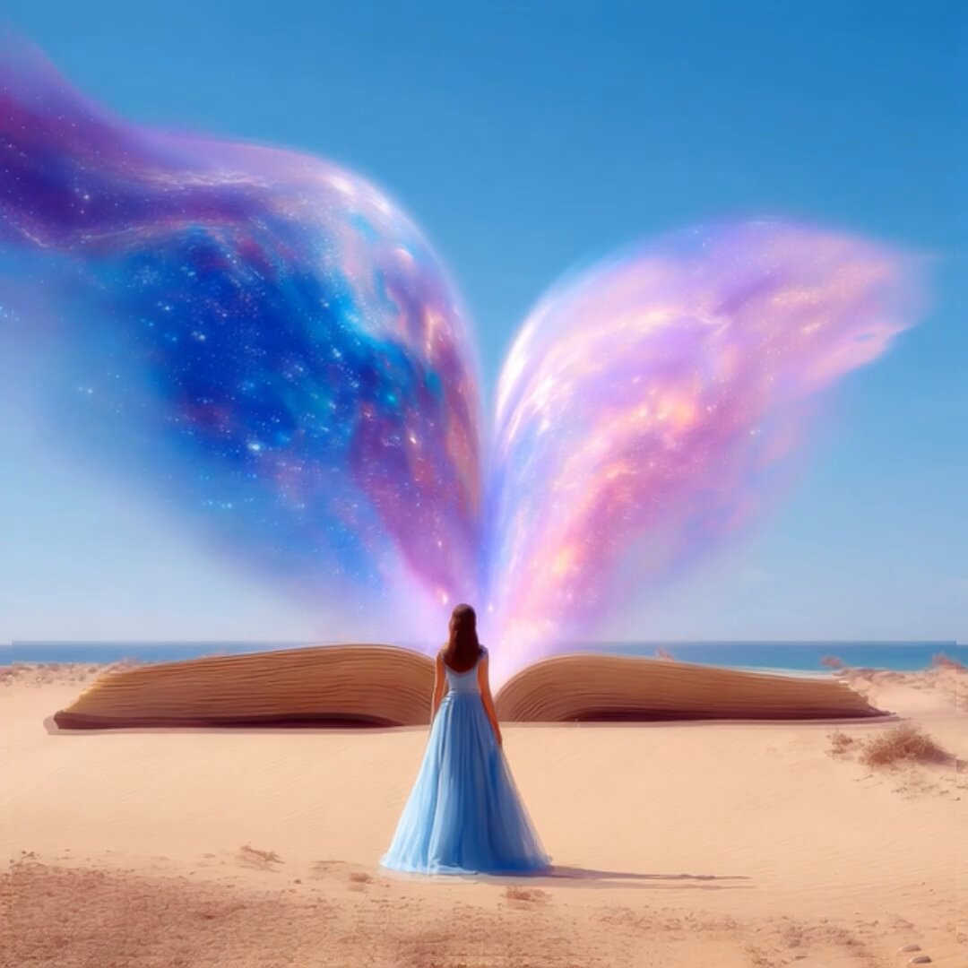 The image features a woman standing in front of an open book that has wings on either side. The book appears to be floating in mid-air above her head, creating a sense of wonder and magic. The sky behind them is blue with white clouds, adding to the overall atmosphere of the scene. The post includes a caption about "Happy Friday everyone" and mentions the NFT of Sound on 1:1, which could potentially be related to the book or the woman's presence in the image.