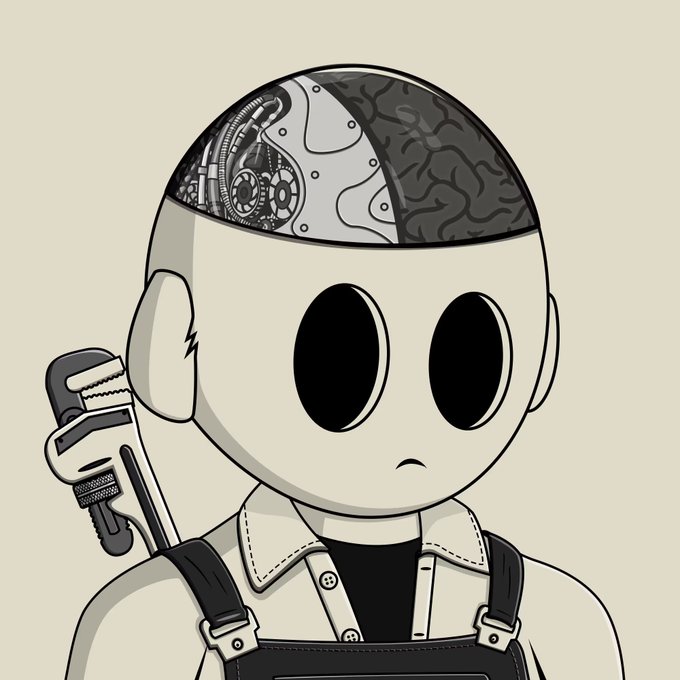 A cartoon illustration of a humanoid character with a transparent skull cap revealing mechanical and brain-like components, wearing work overalls with a wrench on the shoulder.