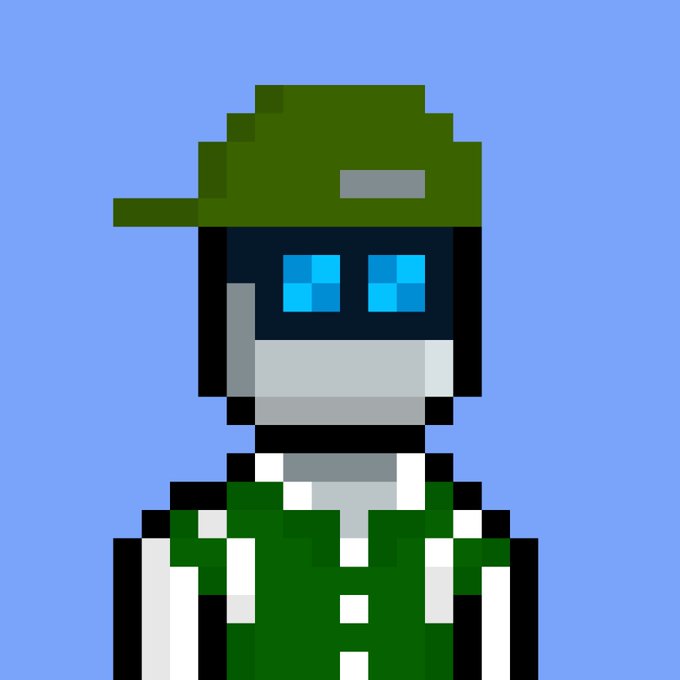 A pixel art character resembling a robot with a green cap, blue screen eyes, and green and white clothing against a light blue background.