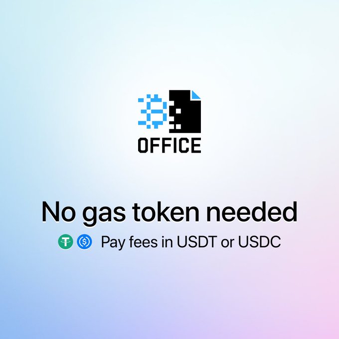 A promotional graphic featuring an 'OFFICE' logo with the text 'No gas token needed' and 'Pay fees in USDT or USDC' on a gradient background.
