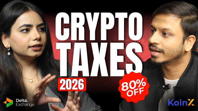 The image features a man and woman in conversation with bold text reading "CRYPTO TAXES 2026," accompanied by an "80% OFF" badge and logos for Delta Exchange and KoinX, visually promoting the video's guide on understanding and filing crypto taxes in India for Delta Exchange traders.