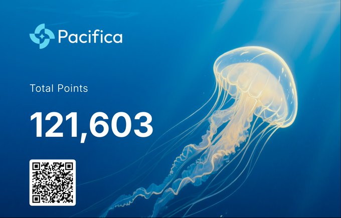 A Pacifica promotional graphic shows 'Total Points: 121,603' against a deep blue underwater background featuring a translucent jellyfish, with a QR code in the bottom left.