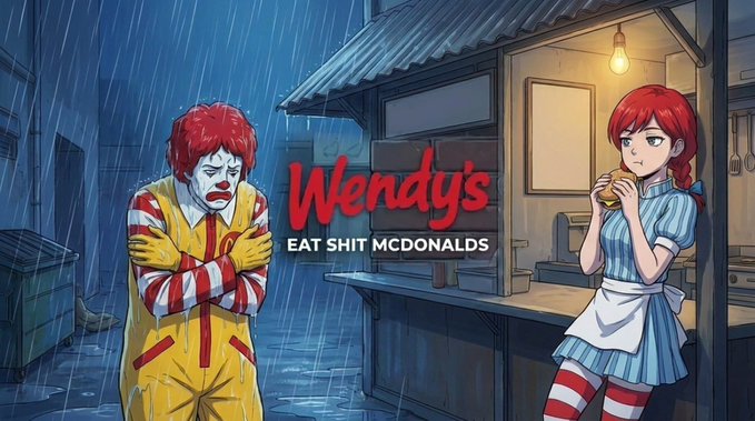 A cartoon illustration depicting Ronald McDonald in the rain facing a red-haired Wendy's employee, with the Wendy's logo and text reading 'EAT SHIT MCDONALDS'.