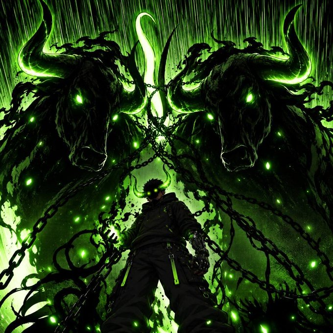 A lone figure with glowing green eyes stands chained between two massive, shadowy bull heads that also emanate an eerie green glow, creating a dramatic scene of dominance and power. The image visually echoes the post's bullish theme, symbolizing the "remaining bulls" as fearsome, unstoppable forces bound only to the central crypto trader referenced by the $ansem ticker.