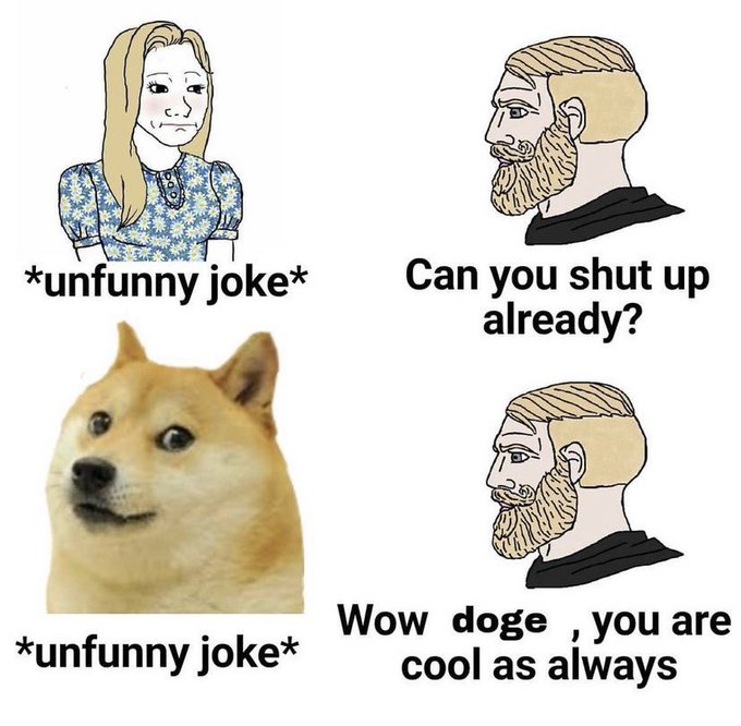 A four-panel Wojak meme comparing reactions to unfunny jokes from a woman and a bearded man versus a Doge meme character, with text 'unfunny joke,' 'Can you shut up already?', and 'Wow doge, you are cool as always.'