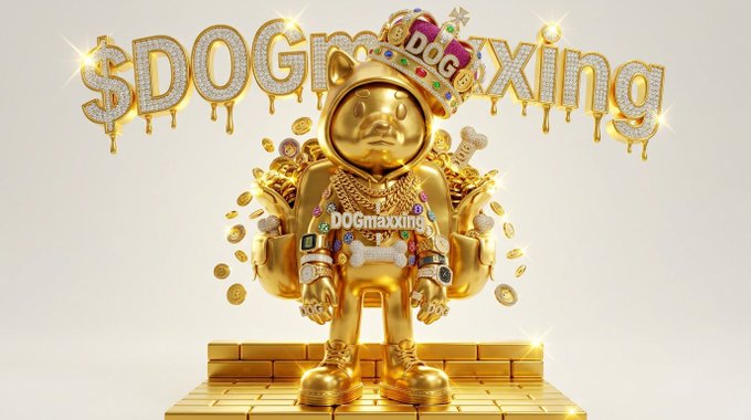 A digital artwork showing a golden dog figurine wearing a crown and jewelry, sitting on gold bars with "$DOGmaxxing" text in diamonds above it.