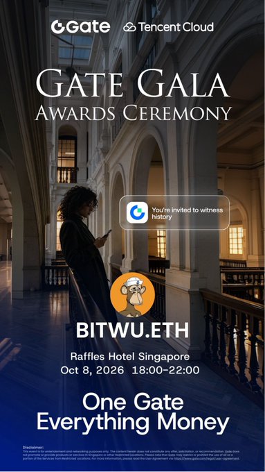 Promotional poster for 'Gate Gala Awards Ceremony' featuring Gate.io and Tencent Cloud logos, with BITWU.ETH branding, scheduled for Oct 8, 2026 at Raffles Hotel Singapore, with tagline 'One Gate Everything Money'.