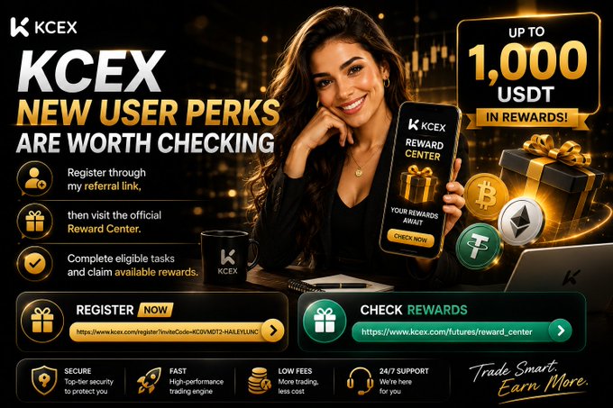 A promotional advertisement for KCEX crypto exchange offering 'NEW USER PERKS' up to 1,000 USDT in rewards, with steps to register via referral link and claim rewards.