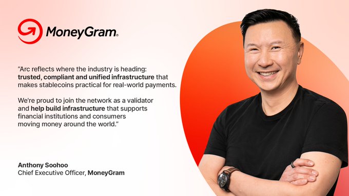 A promotional image for MoneyGram featuring a quote from CEO Anthony Soohoo about joining a network as a validator and helping build infrastructure for stablecoins.