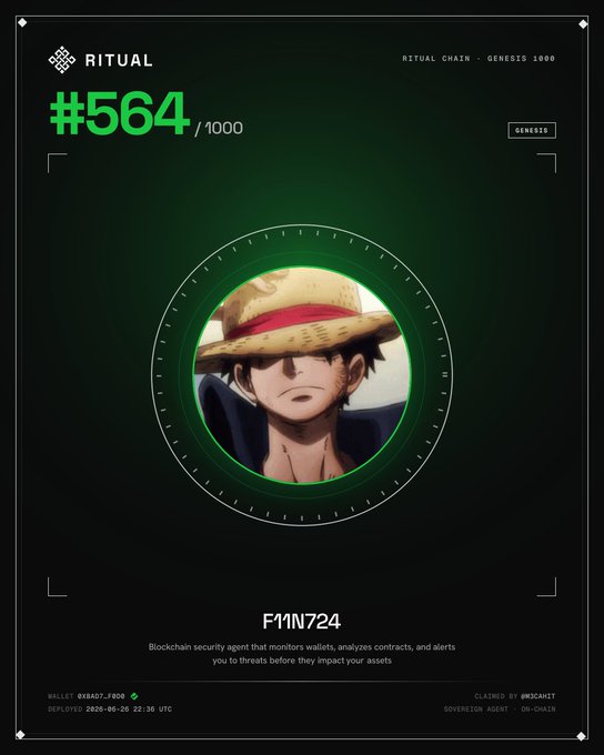 An NFT profile card from the Ritual Chain Genesis collection, displaying token #564/1000 featuring an anime character with a straw hat, labeled "FM1N724" as a blockchain security agent, claimed by user @0SCAR17 and deployed on 2025-08-30. The card visually represents the user's post celebrating their acquisition of Ritual Genesis NFT #564, showing the official collectible asset tied to their milestone.