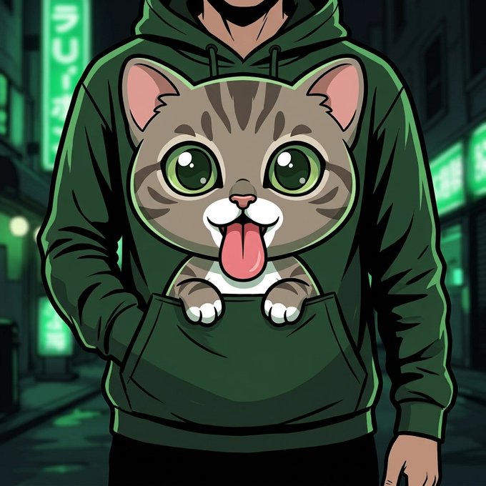 A person models a dark green hoodie featuring a chibi-style illustration of Lil Bub, the famous perma-kitten, with the cat's paws peeking from the front pocket against a moody neon-lit urban backdrop. The design ties directly to the $BUB meme coin tribute, celebrating Lil Bub's legacy as a charitable icon now immortalized on the Robinhood Chain.