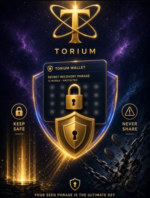 A promotional graphic for the Torium cryptocurrency features a golden "T" logo encircled by atomic orbits above a stylized "Torium Wallet" card displaying a "Secret Recovery Phrase" (12 words) secured by a padlock, flanked by "Keep Safe" and "Never Share" warnings, with the tagline "Your seed phrase is the ultimate key." The image visually reinforces the accompanying message emphasizing that a user's seed phrase is the critical key to securing their TOR funds and must never be shared or stored digitally.