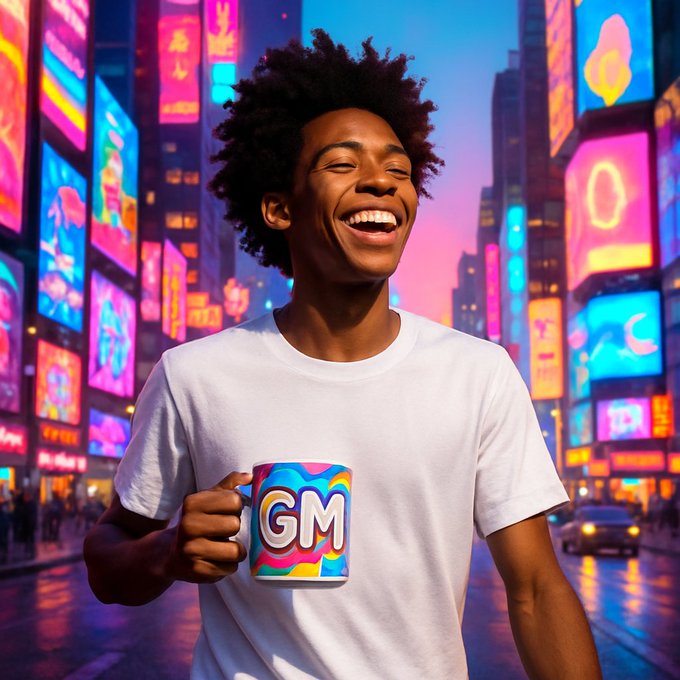 A vibrant, stylized rendering of a smiling young man holding a colorful 'GM' mug against a neon-lit cityscape background reminiscent of Times Square.