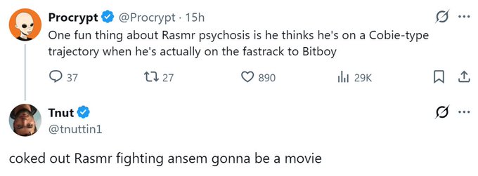 Screenshots of two social media posts from X (Twitter) by users Procyrpt and Tnut discussing crypto personalities "Rasmr" and "ansem" fighting.