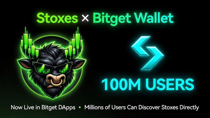 A promotional graphic announces the integration of Stoxes with Bitget Wallet, featuring a stylized bull mascot wearing green-tinted sunglasses against a candlestick chart backdrop. The design highlights a "100M USERS" milestone with a glowing arrow, promoting Stoxes' new visibility in Bitget's DApps section.