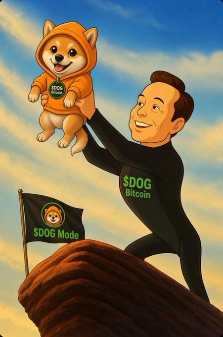 A digital illustration depicting Elon Musk in a black suit holding up a Shiba Inu dog wearing an orange '$DOG Bitcoin' hoodie, standing on a cliff next to a '$DOG Mode' flag.