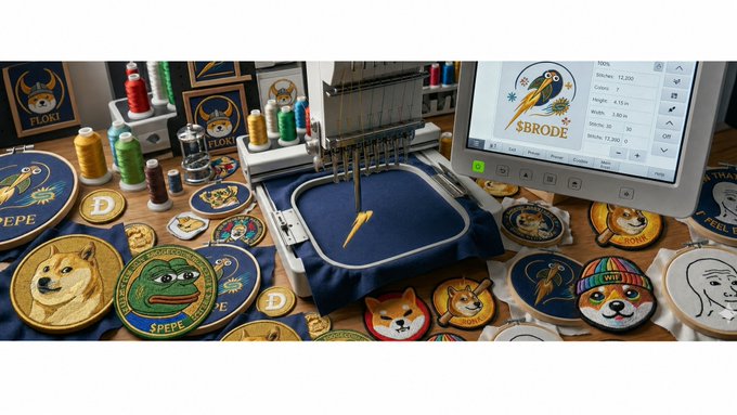 The image showcases a close-up of a sewing machine with embroidery being done onto various objects, including coins. The sewing machine has a screen displaying instructions for the embroidered designs. There are several coins, each featuring a unique pattern or design, such as a dog, which is particularly prominent in this case. Additionally, there's a clock on the table, likely used to keep track of time while working on the embroidery project. The focus of the image seems to be on the process of creating custom-made embroidered coins using a sewing machine.
