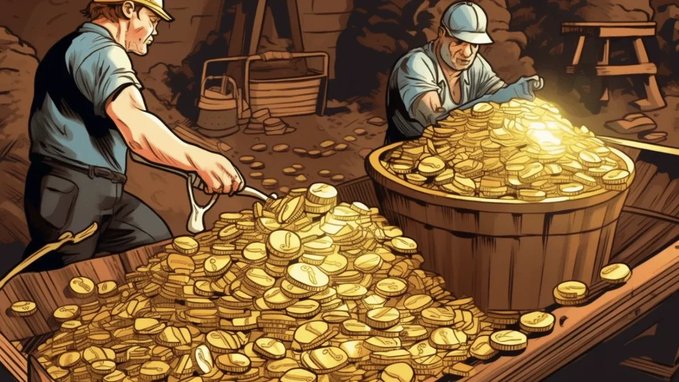 An illustrated cartoon-style image of two miners working with large piles of gold coins in wooden containers, depicting them handling and gathering the treasure.