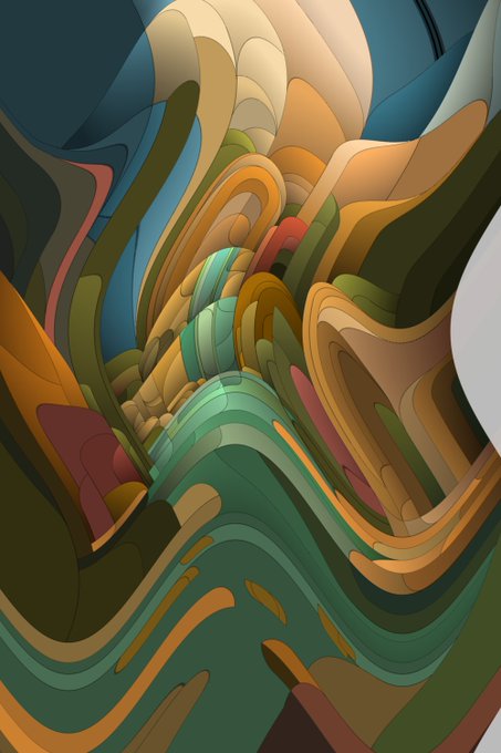 An abstract, vertically oriented artwork made of layered flowing shapes in teal, blue, green, cream, orange, and brown.