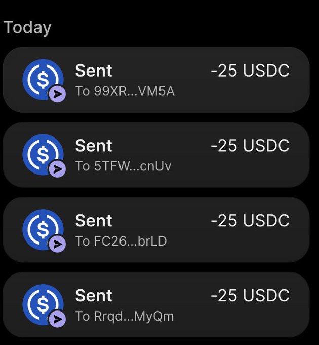 A mobile wallet transaction history shows four outgoing USDC transfers of -25 USDC each today, sent to truncated addresses (99XR…VM5A, 5TFW…cnUv, FC26…brLD, and Rrqd…MyQm), totaling 100 USDC distributed to four recipients — matching the post's claim that "all funds sent" with more distributions planned this week.