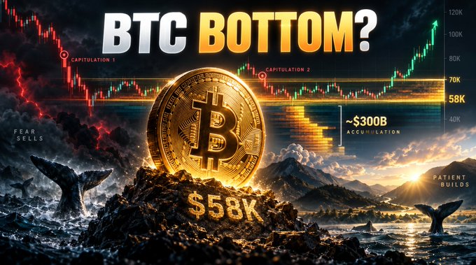 A dramatic graphic asking "BTC BOTTOM?" featuring a large golden Bitcoin coin on a rocky island, with price charts showing "CAPITULATION 1" and "CAPITULATION 2," whale tails, "FEAR SELLS," "PATIENT BUILDS," "~$300B ACCUMULATION," and a price of "$58K."