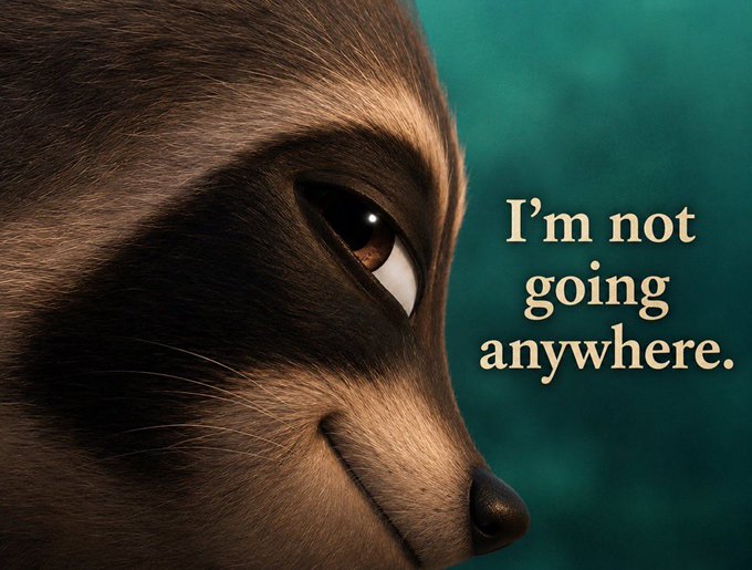 A close-up CGI rendering of a furry character's face in profile with the text 'I'm not going anywhere.' on a teal background.